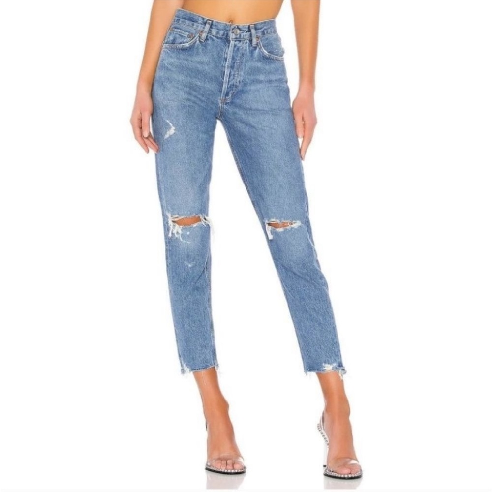 AGOLDE Jamie Straight Jean High  Rise Raw Hem Distress Blue Aritzia size 27